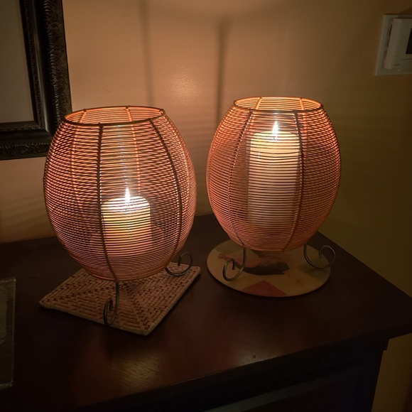 Pair Metal Patio Lanterns Oval Wire Baskets, Candle Holders 11" Tall Refurbished - Picture 1 of 16